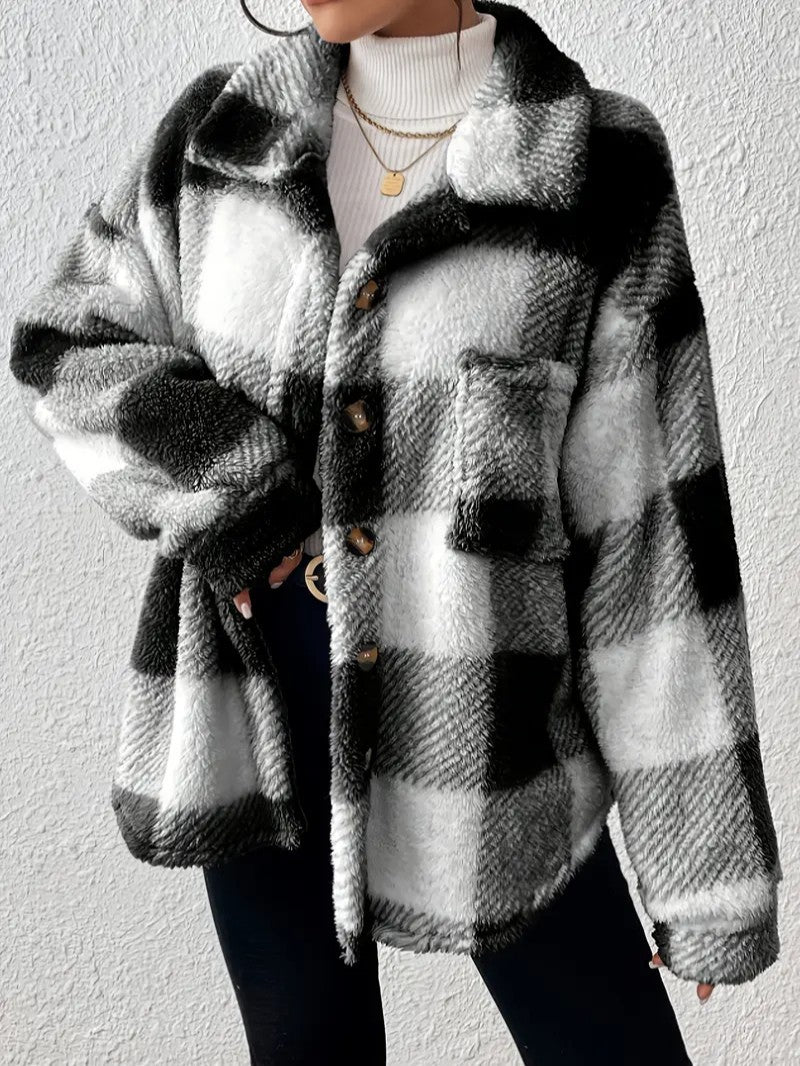 Elegant Plaid Fleece Button Jacket