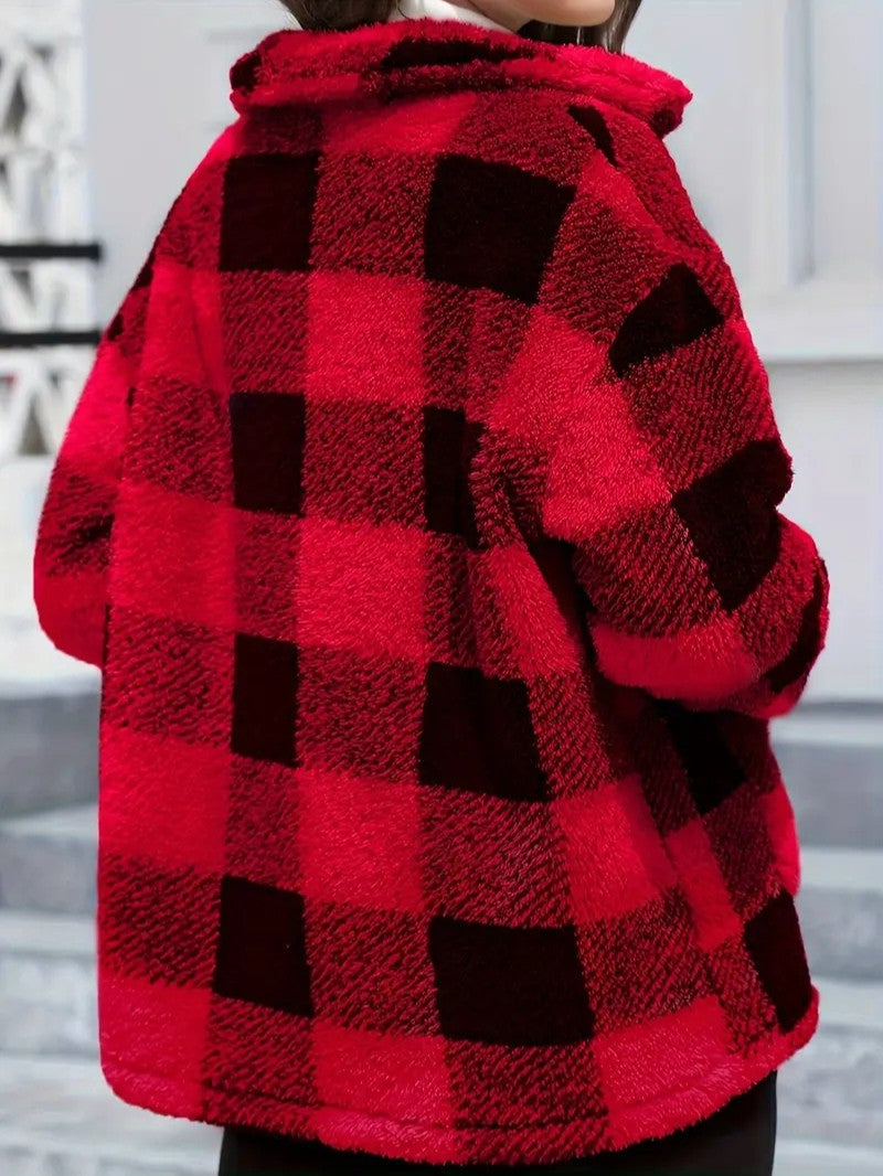 Plaid Button Teddy Jacket with Pockets