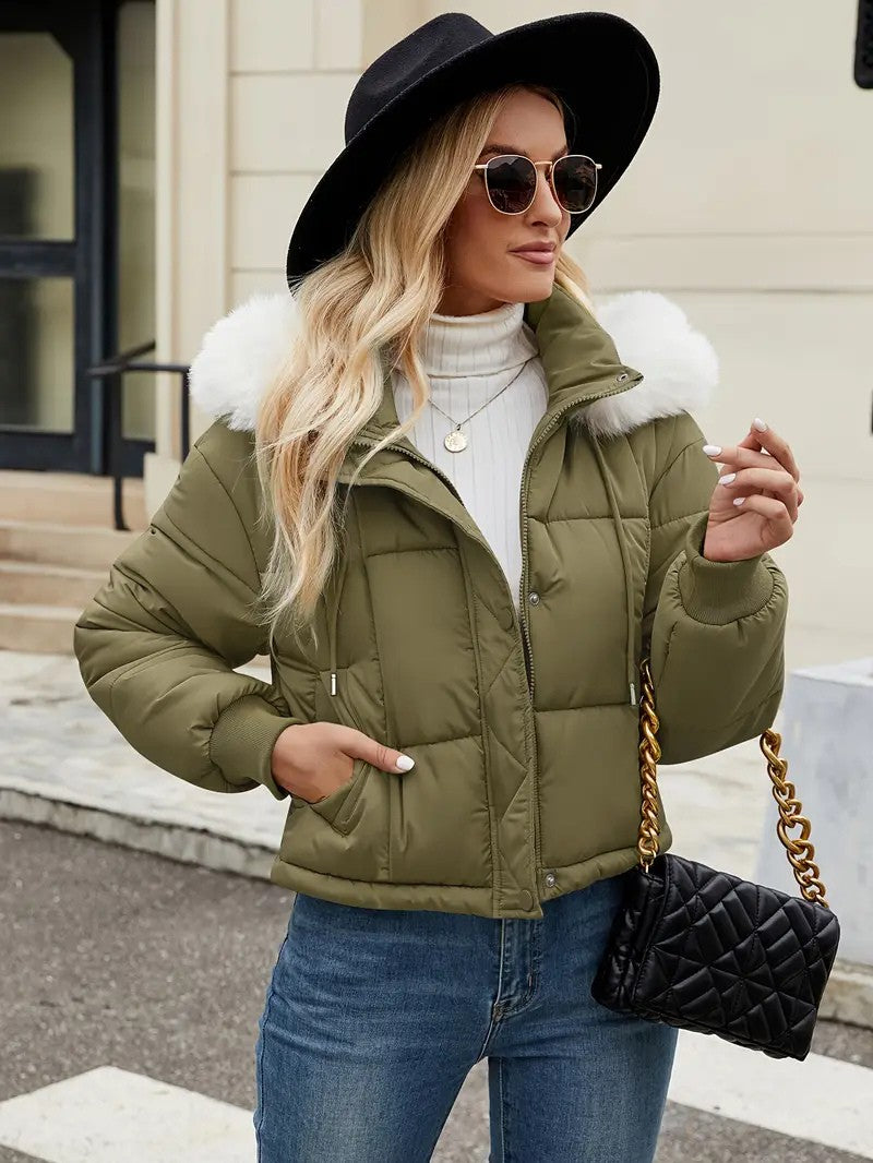 Faux Fur Hooded Short Puffer Jacket