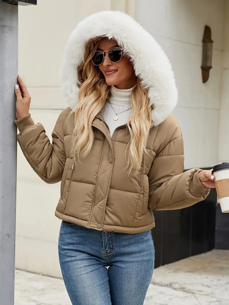 Faux Fur Hooded Short Puffer Jacket