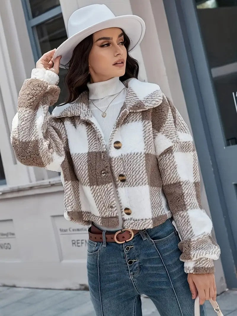 Cozy Plaid Button-Front Teddy Jacket