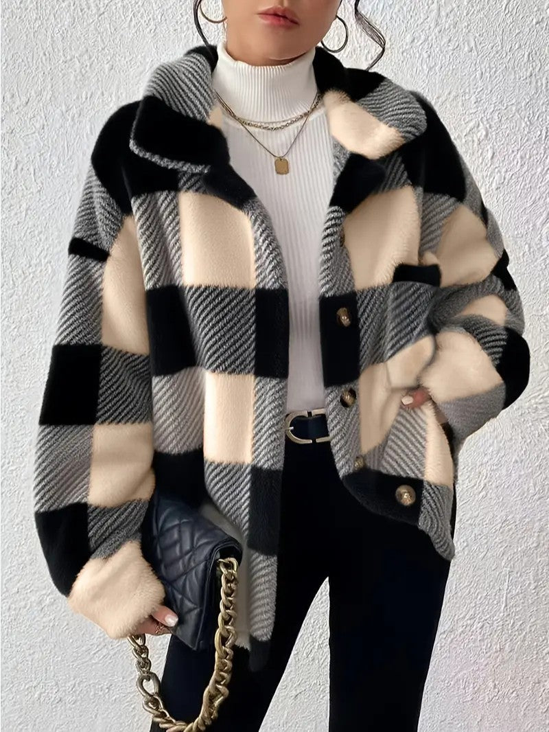 Elegant Plaid Fleece Button Jacket