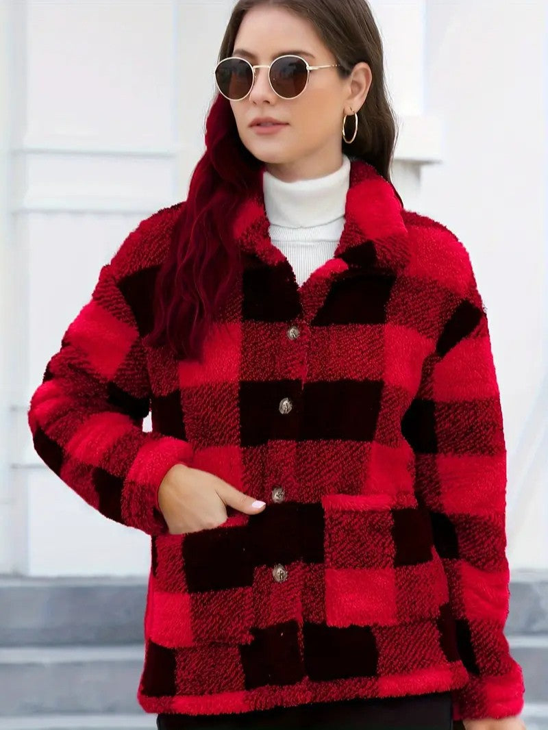 Plaid Button Teddy Jacket with Pockets