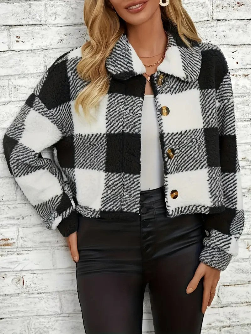 Cozy Plaid Button-Front Teddy Jacket