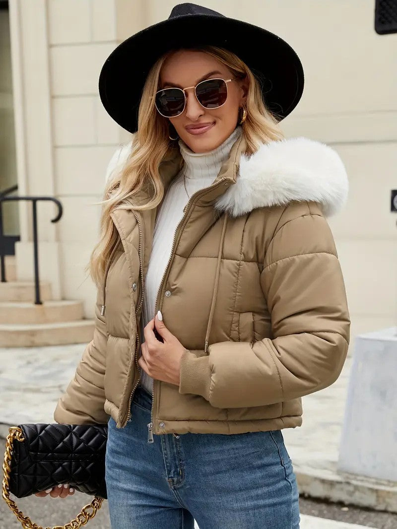 Faux Fur Hooded Short Puffer Jacket