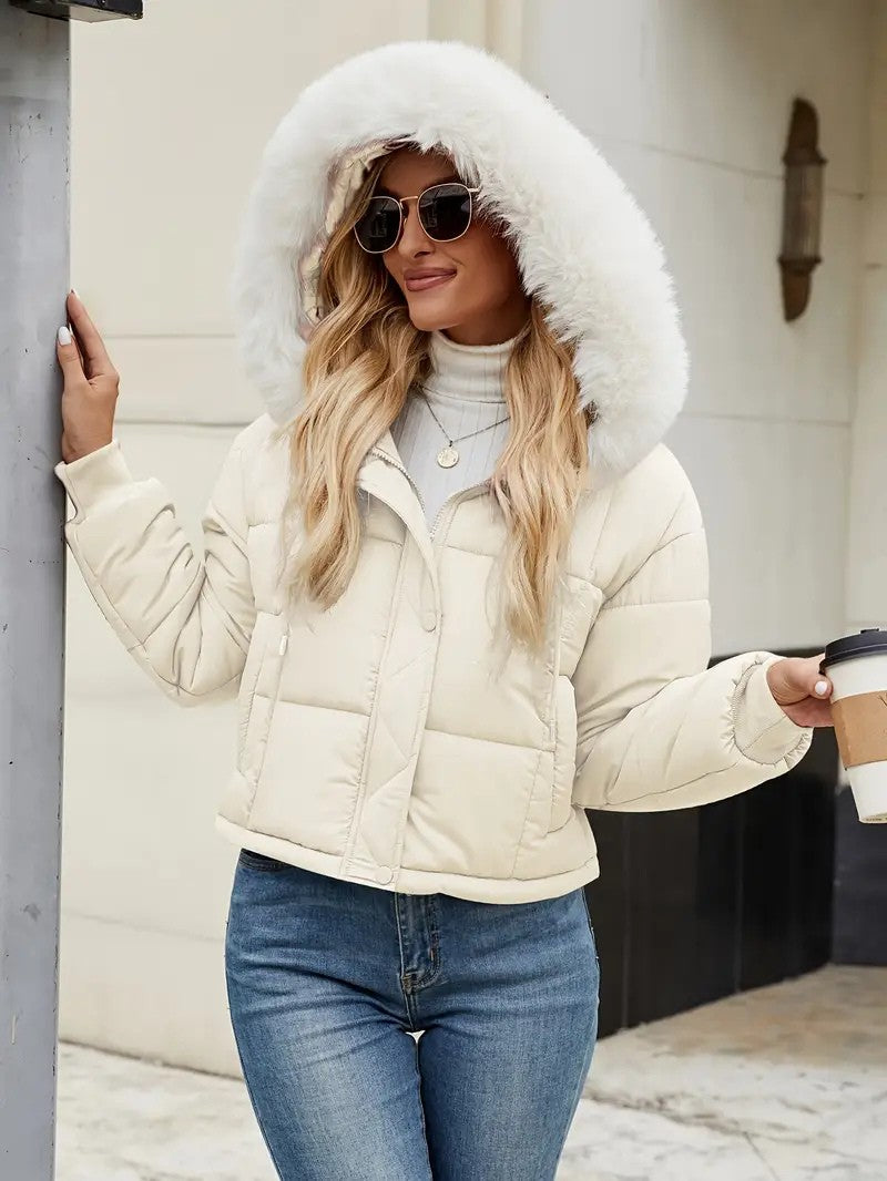Faux Fur Hooded Short Puffer Jacket