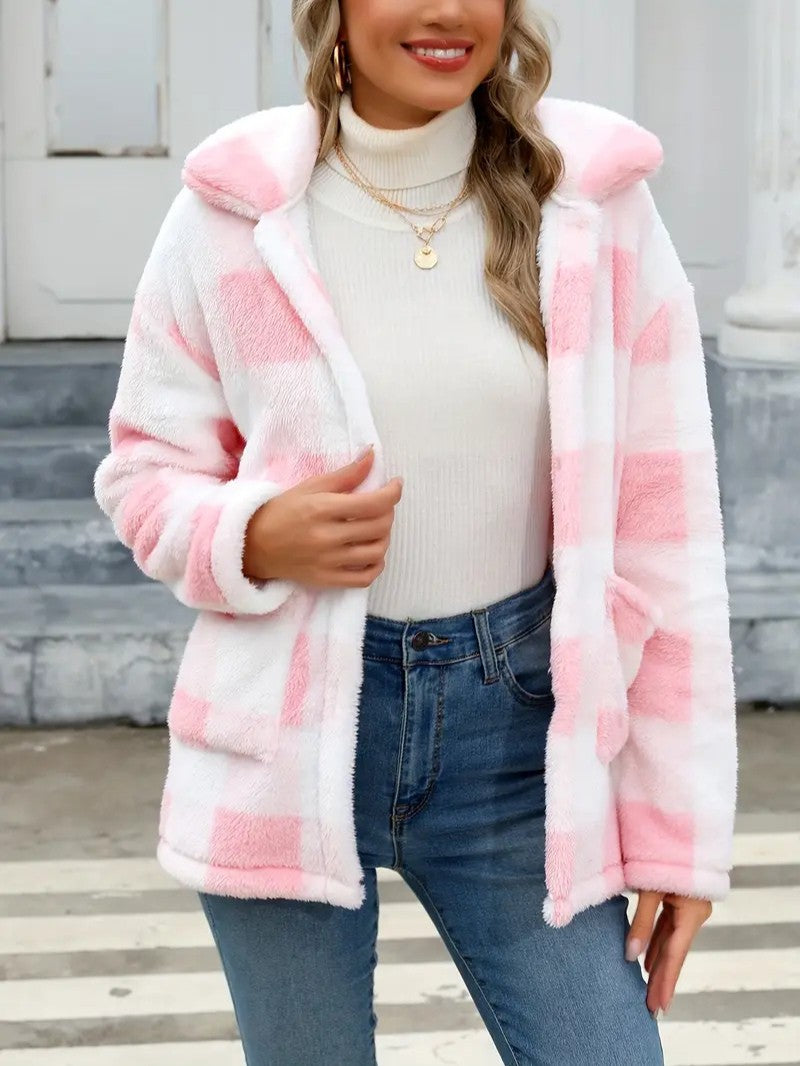 Plaid Button Teddy Jacket with Pockets