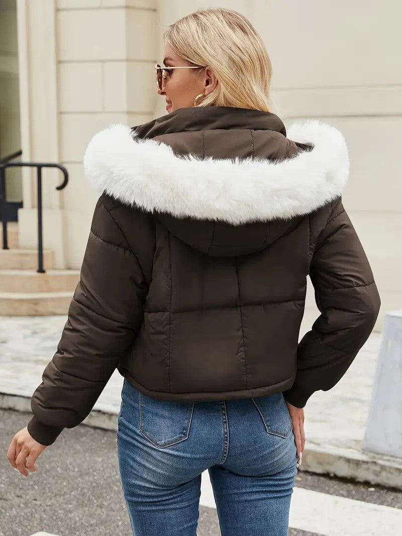 Faux Fur Hooded Short Puffer Jacket