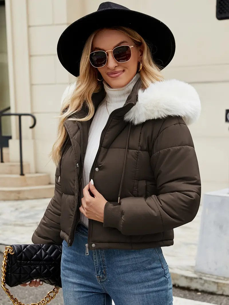 Faux Fur Hooded Short Puffer Jacket