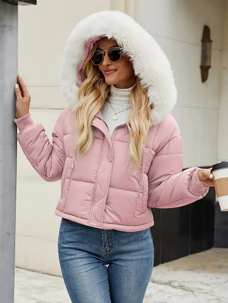 Faux Fur Hooded Short Puffer Jacket