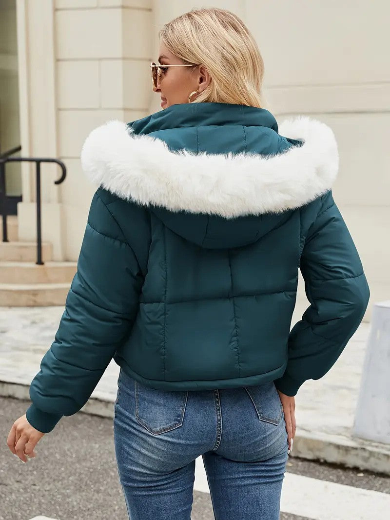 Faux Fur Hooded Short Puffer Jacket