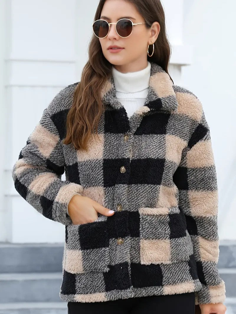 Plaid Button Teddy Jacket with Pockets