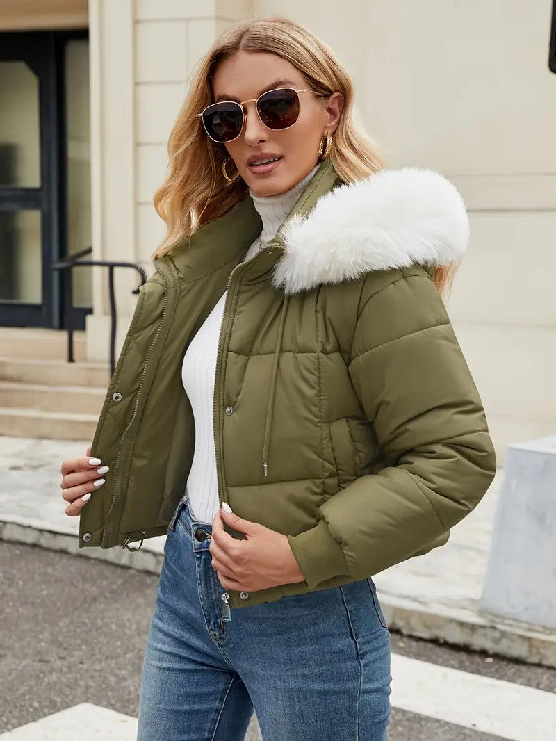 Faux Fur Hooded Short Puffer Jacket