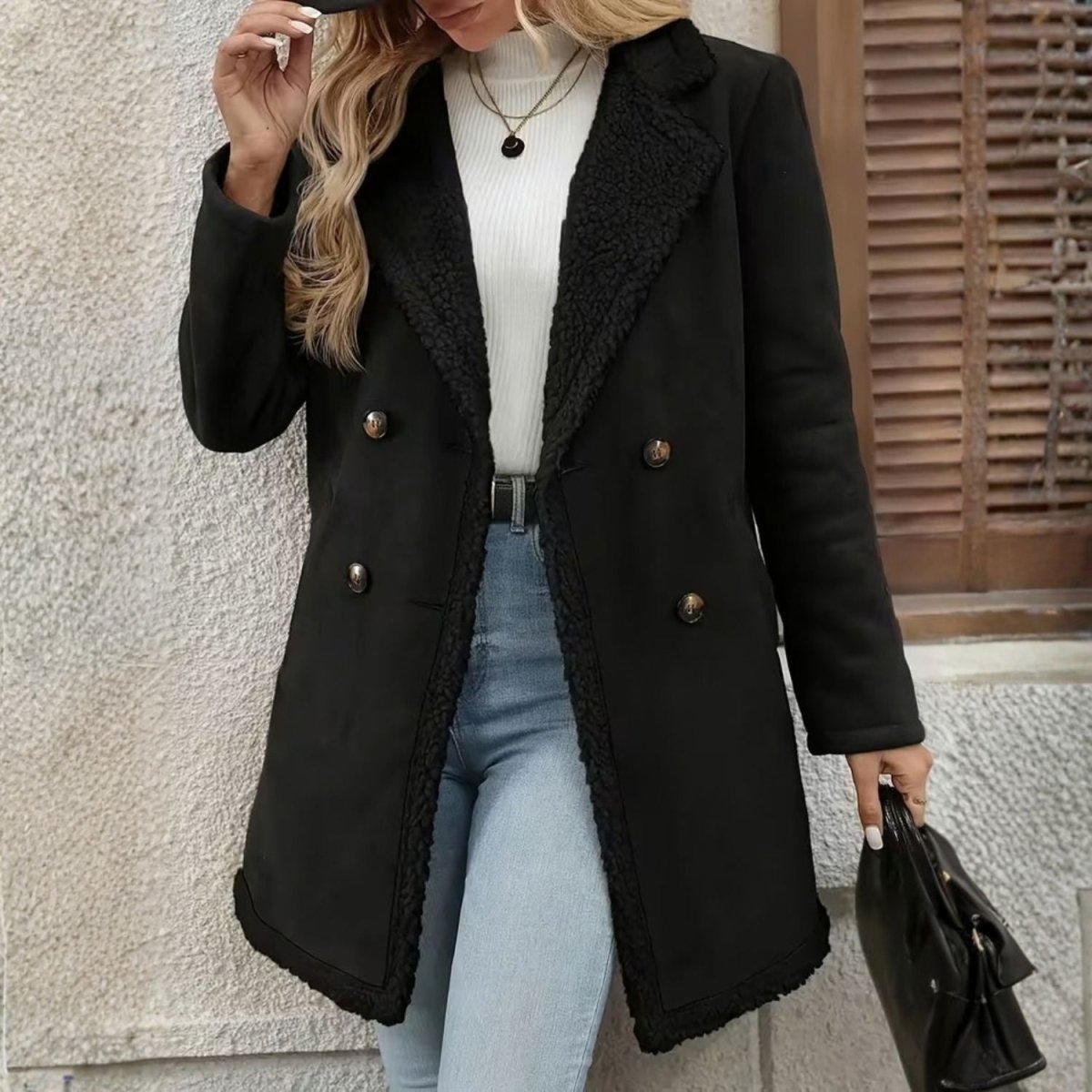 Faux Shearling Lapel Coat - Women Coat - Wild Eye Vision