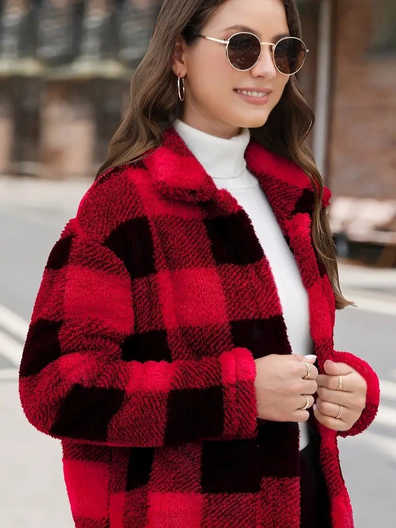 Plaid Button Teddy Jacket with Pockets - Women's Winter Jacket - Wild Eye Vision