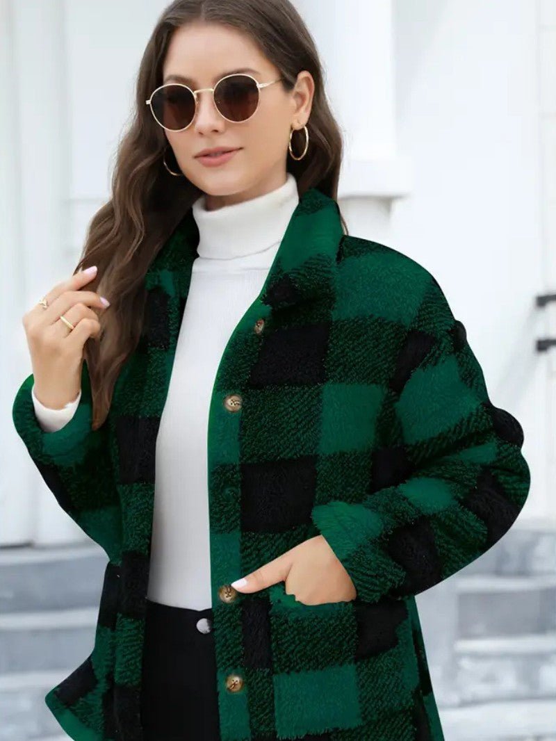 Plaid Button Teddy Jacket with Pockets - Women's Winter Jacket - Wild Eye Vision
