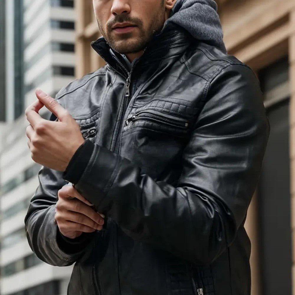 Retro Hooded Biker Jacket - Men's Leather Jacket - Wild Eye Vision
