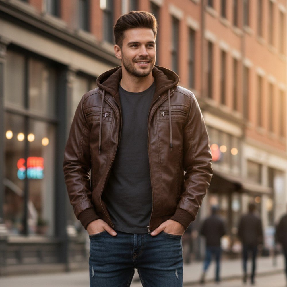 Retro Hooded Biker Jacket - Men's Leather Jacket - Wild Eye Vision