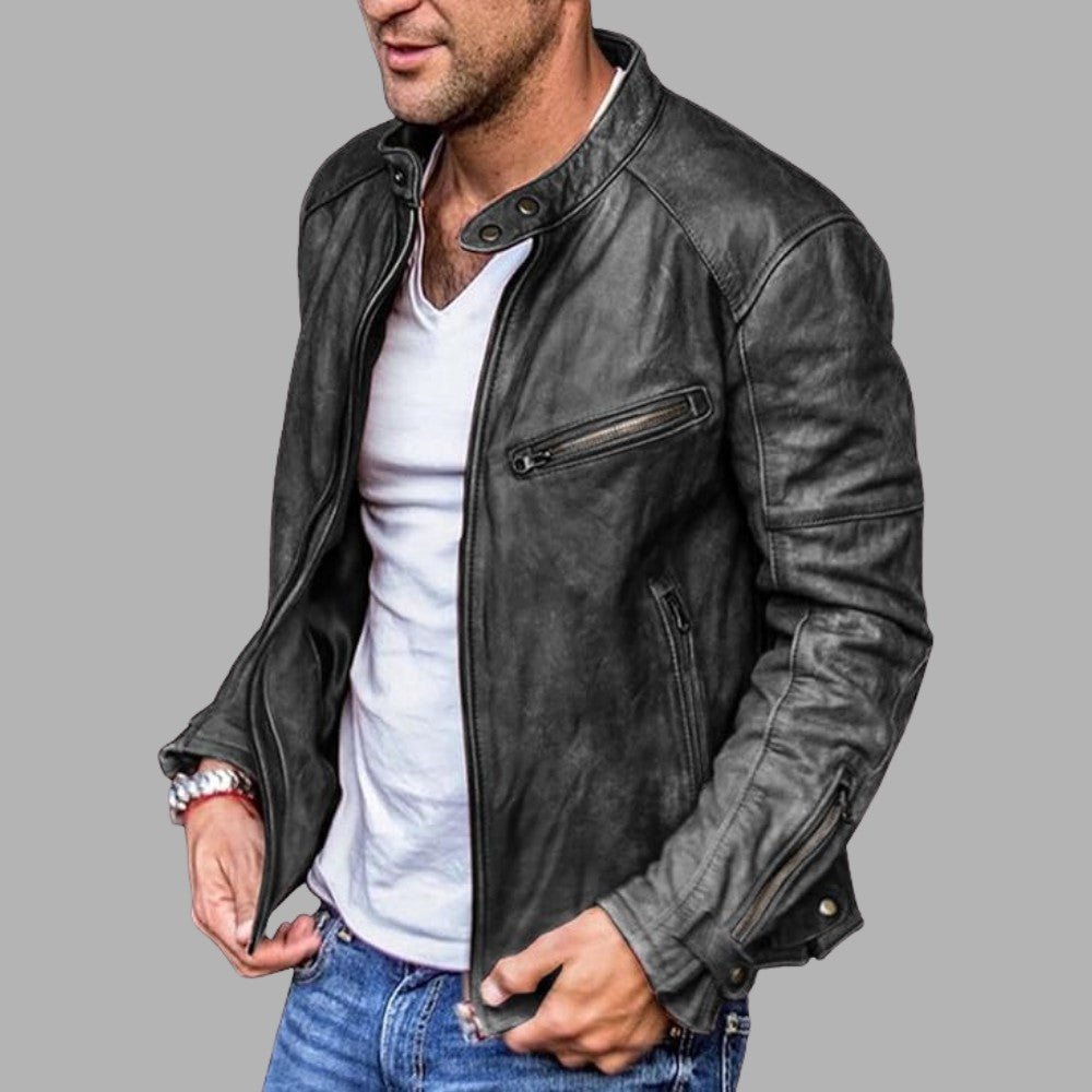 Stand Collar Leather Street Jacket - Men's Leather Jacket - Wild Eye Vision