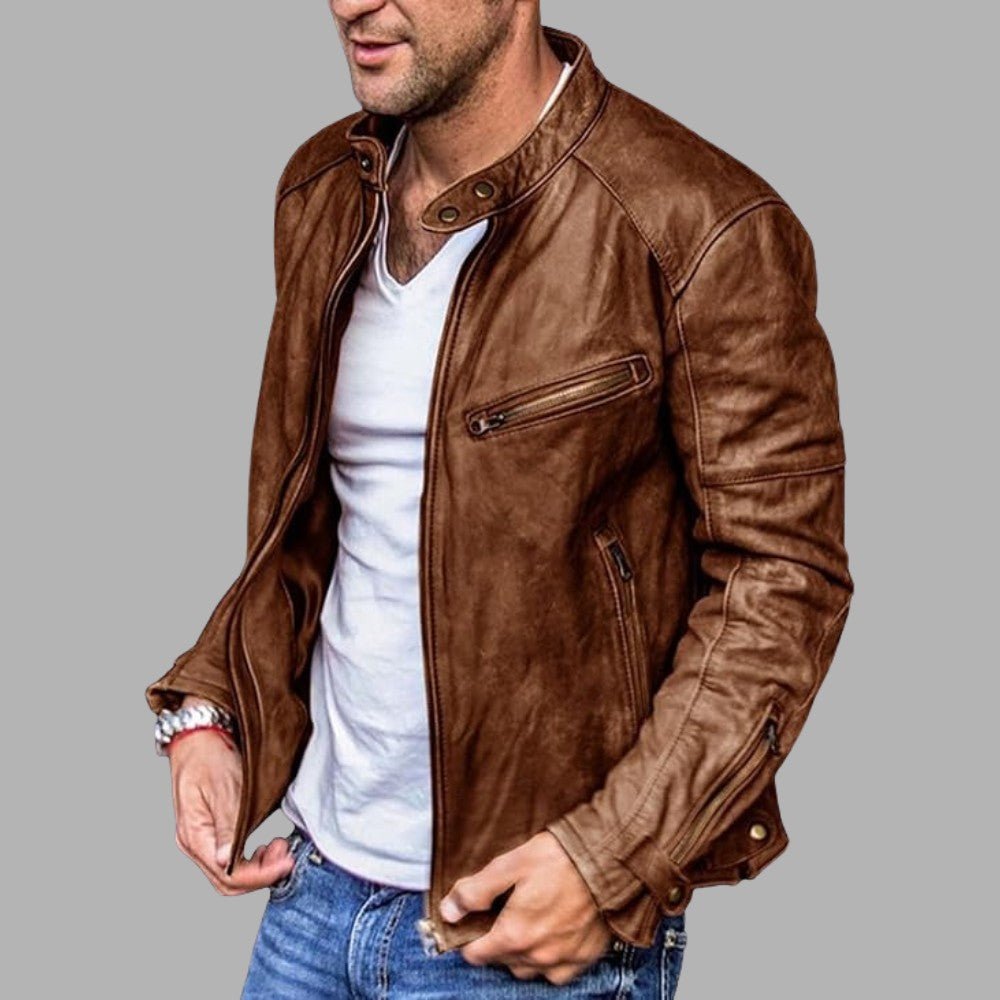 Stand Collar Leather Street Jacket - Men's Leather Jacket - Wild Eye Vision