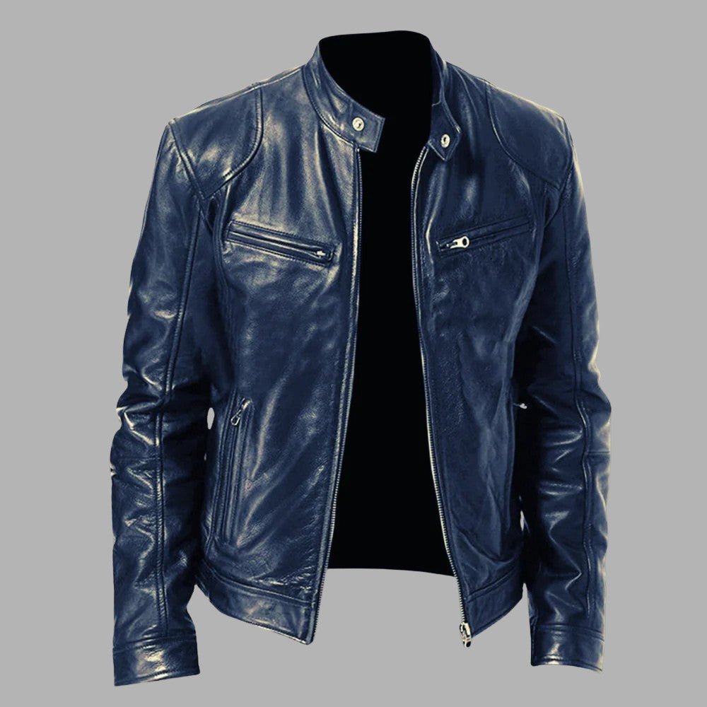 Stand Collar Leather Zip Jacket - Men's Leather Jacket - Wild Eye Vision