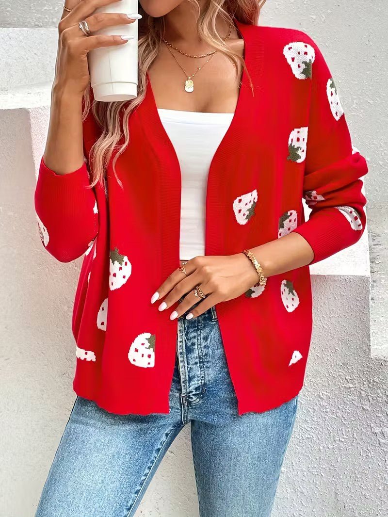 Strawberry Print Open Cardigan - Women Knit Cardigan - Wild Eye Vision