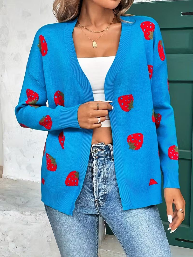 Strawberry Print Open Cardigan - Women Knit Cardigan - Wild Eye Vision