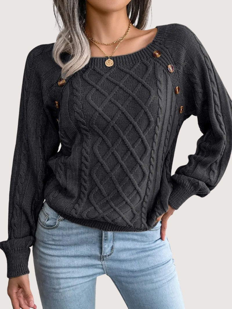 Women's Cable Knit Jumper with Button Details - Women Knitted Jumper - Wild Eye Vision