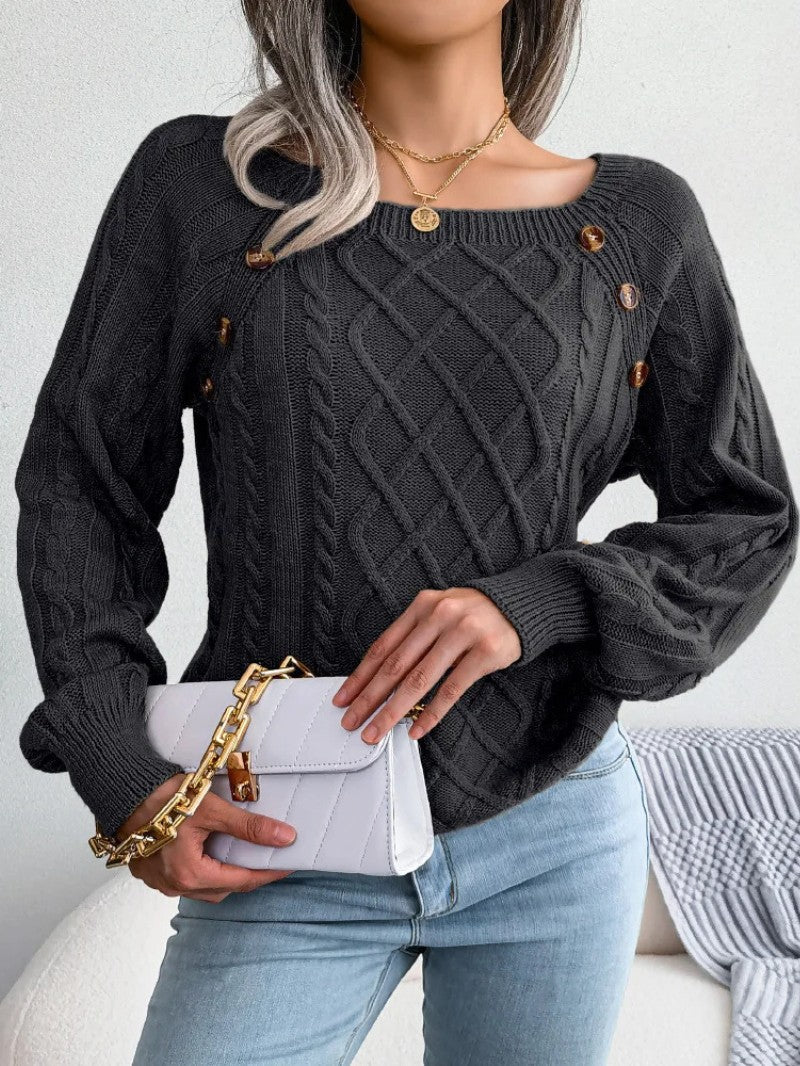 Women's Cable Knit Jumper with Button Details - Women Knitted Jumper - Wild Eye Vision