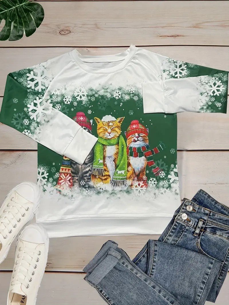 Women’s Christmas Cat Print Crewneck Sweatshirt - Ladies Christmas Jumpers - Wild Eye Vision