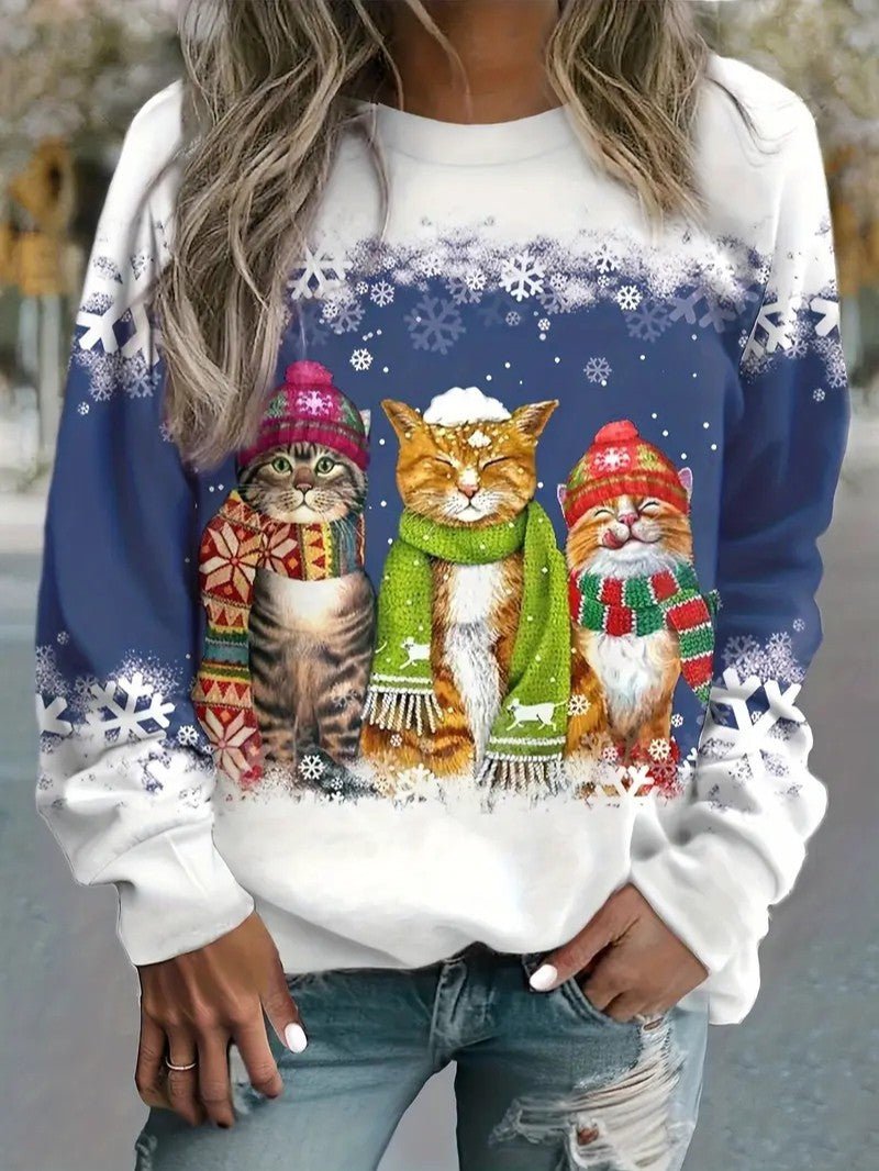 Women’s Christmas Cat Print Crewneck Sweatshirt - Ladies Christmas Jumpers - Wild Eye Vision