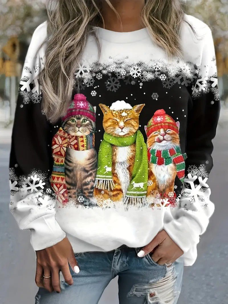 Women’s Christmas Cat Print Crewneck Sweatshirt - Ladies Christmas Jumpers - Wild Eye Vision