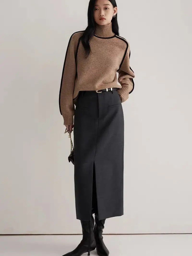 Women’s Oversized Turtleneck Sweater with Contrast Sleeve Trim - Women Jumper - Wild Eye Vision