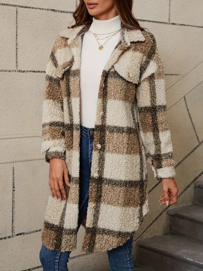 Women's Plaid Fuzzy Long Coat - Women's Coat - Wild Eye Vision