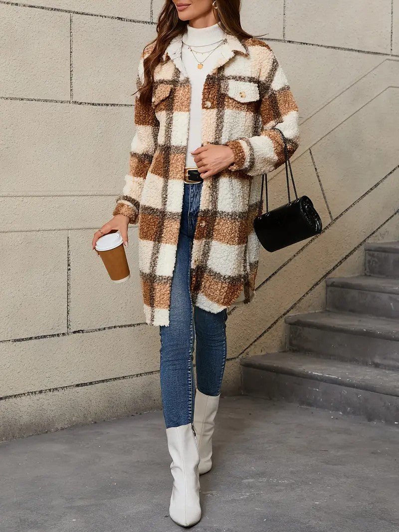 Women's Plaid Fuzzy Long Coat - Women's Coat - Wild Eye Vision