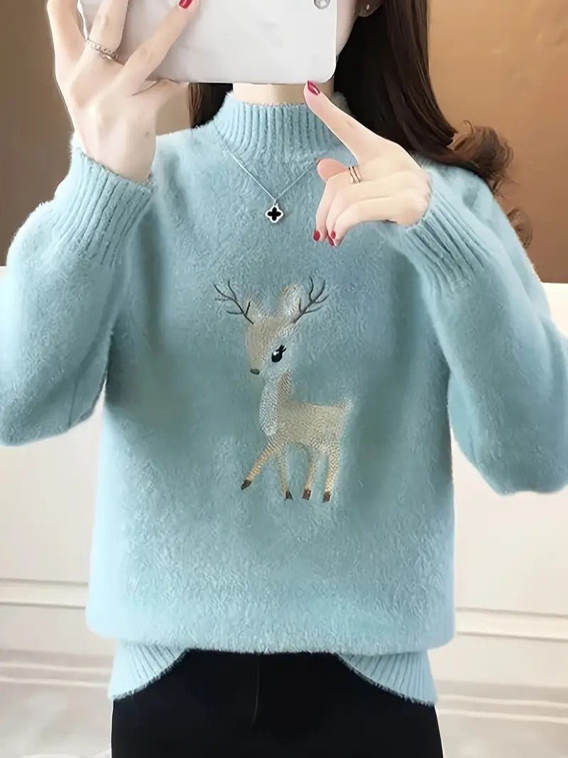 Women’s Reindeer Embroidered Half - Turtleneck Sweater - Ladies Christmas Jumpers - Wild Eye Vision
