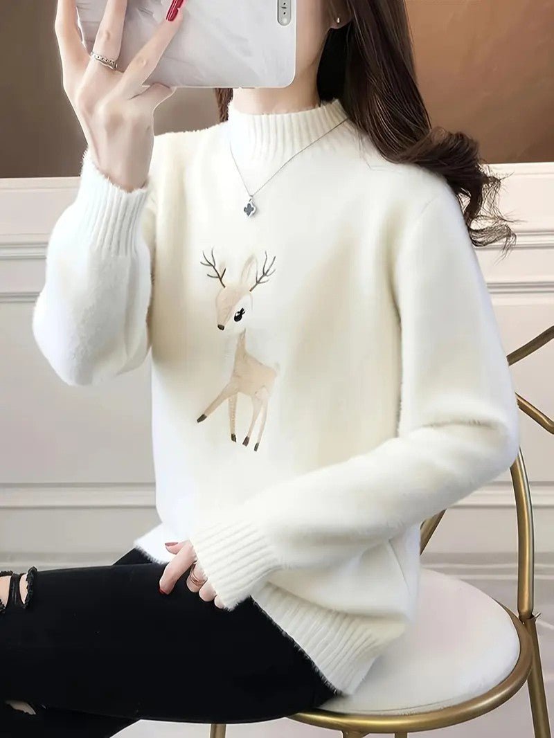 Women’s Reindeer Embroidered Half - Turtleneck Sweater - Ladies Christmas Jumpers - Wild Eye Vision