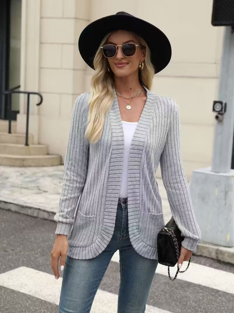 Women's Ribbed Knit Cardigan with Pockets - Women Knit Cardigan - Wild Eye Vision