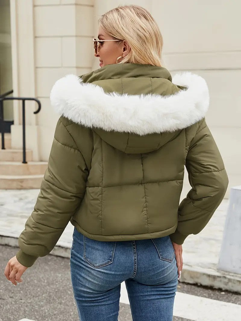 Faux Fur Hooded Short Puffer Jacket