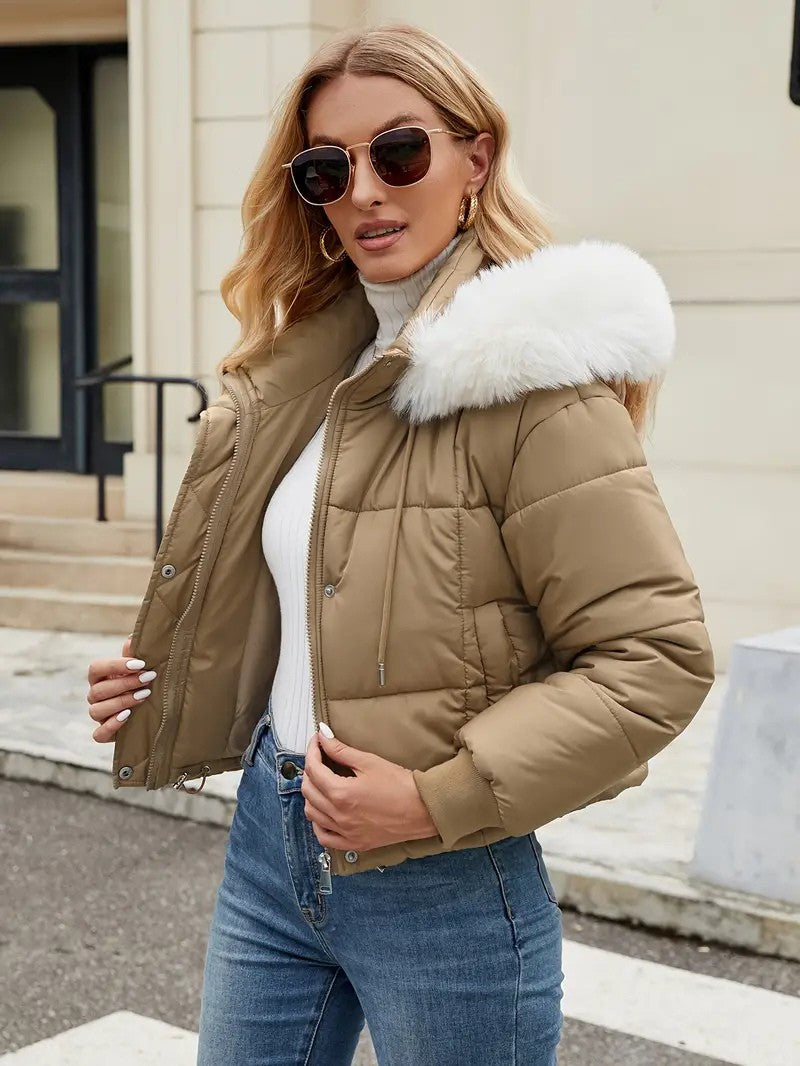 Faux Fur Hooded Short Puffer Jacket