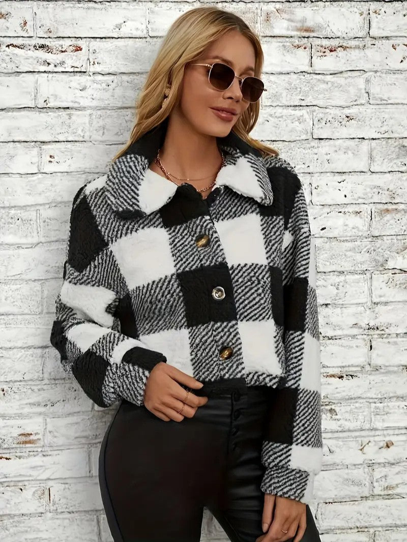 Cozy Plaid Button-Front Teddy Jacket