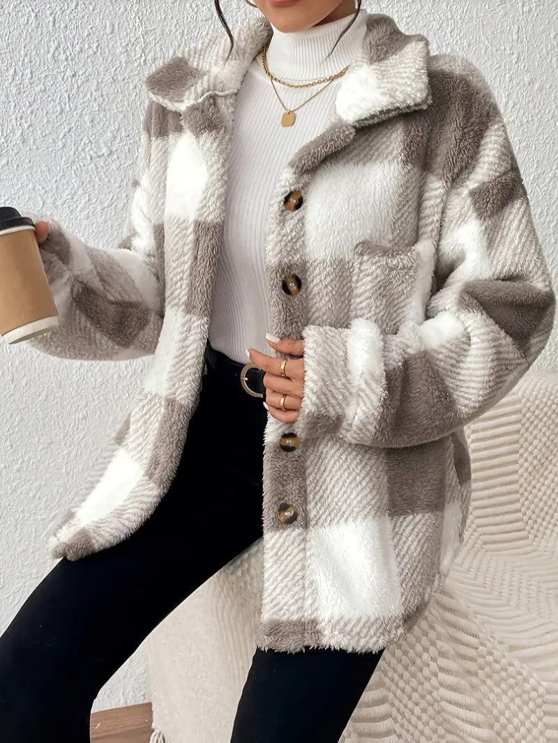 Elegant Plaid Fleece Button Jacket