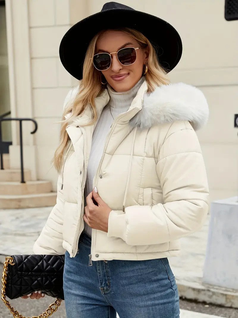 Faux Fur Hooded Short Puffer Jacket