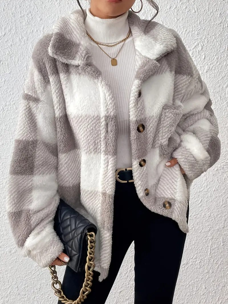 Elegant Plaid Fleece Button Jacket