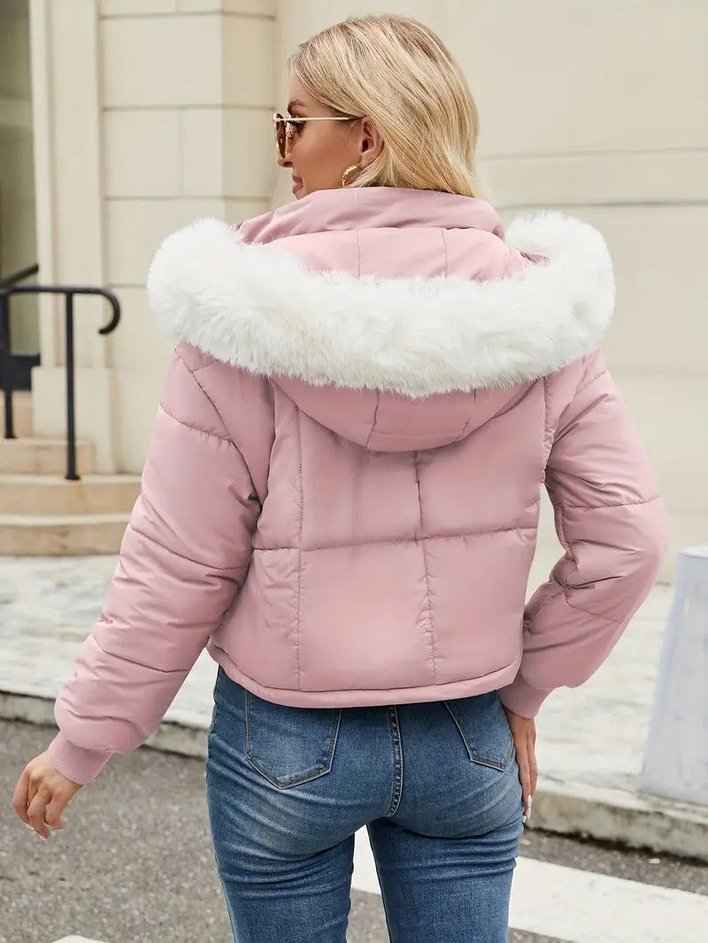Faux Fur Hooded Short Puffer Jacket