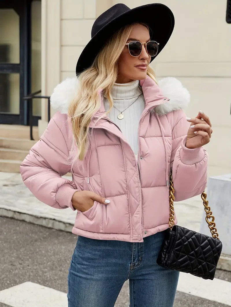 Faux Fur Hooded Short Puffer Jacket