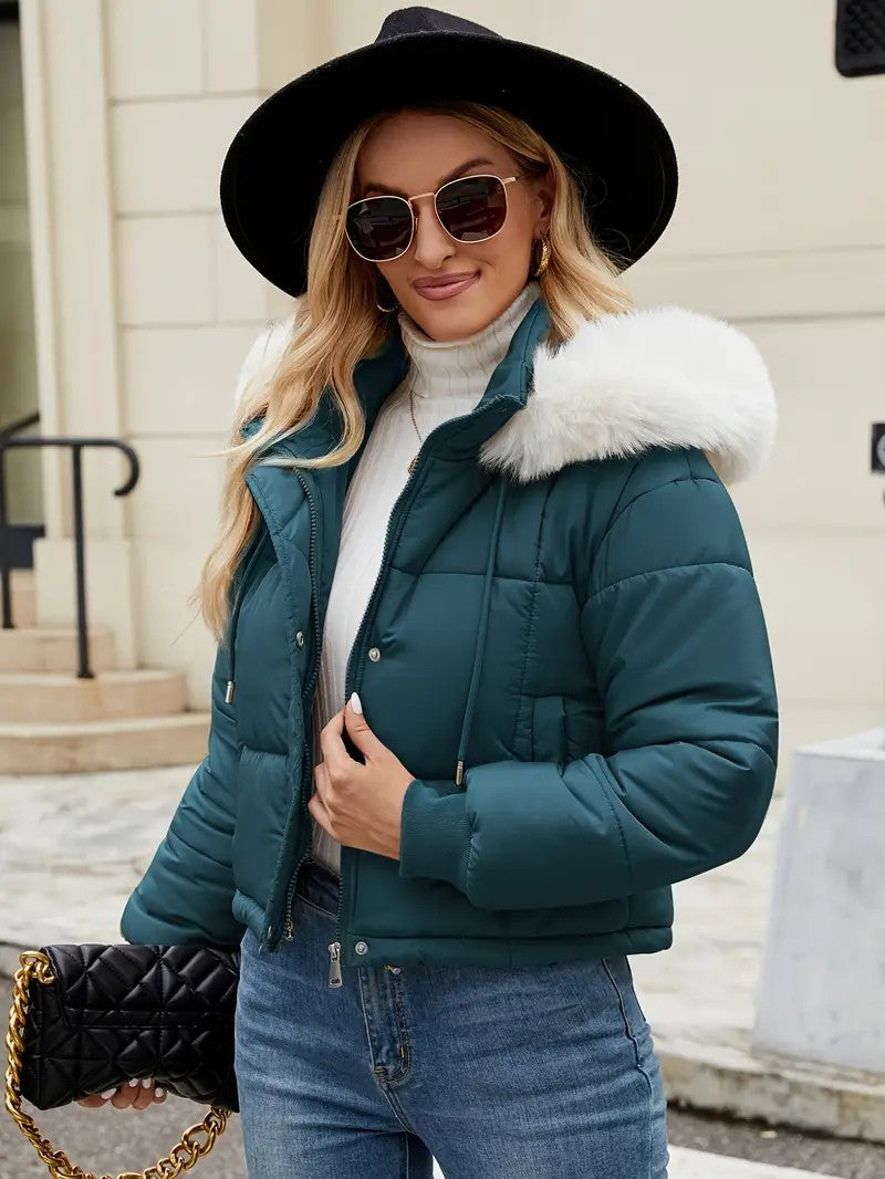 Faux Fur Hooded Short Puffer Jacket