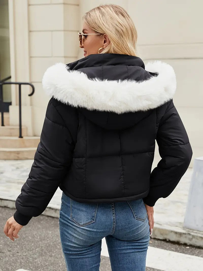 Faux Fur Hooded Short Puffer Jacket