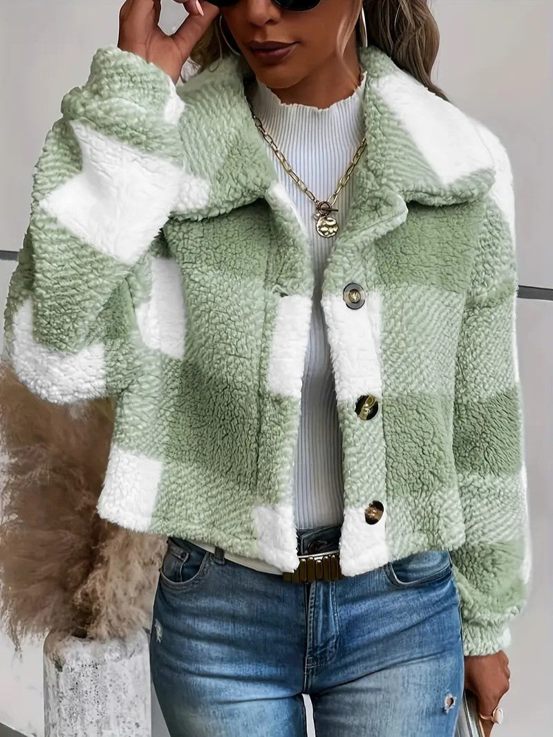 Cozy Plaid Button-Front Teddy Jacket