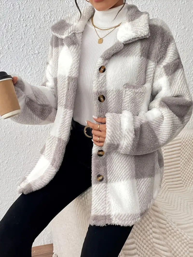 Elegant Plaid Fleece Button Jacket
